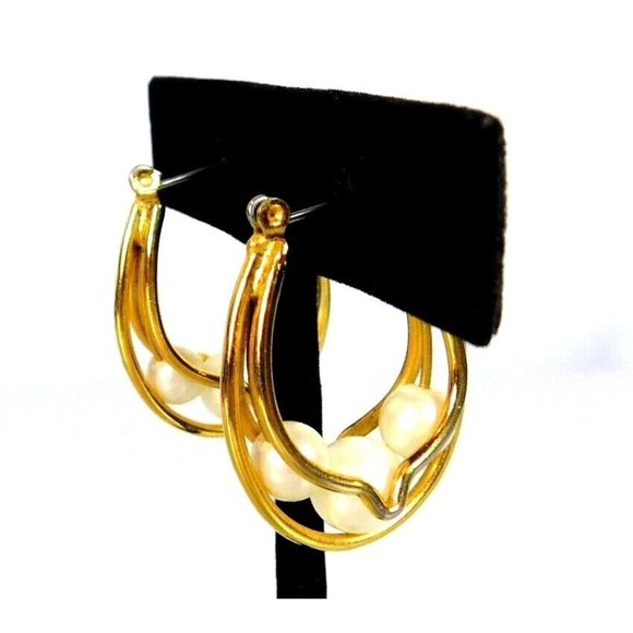 Faux Pearl Triple Wire Hoop Gold Tone Earrings Hinged Closure Pierced Ears - Picture 5 of 9